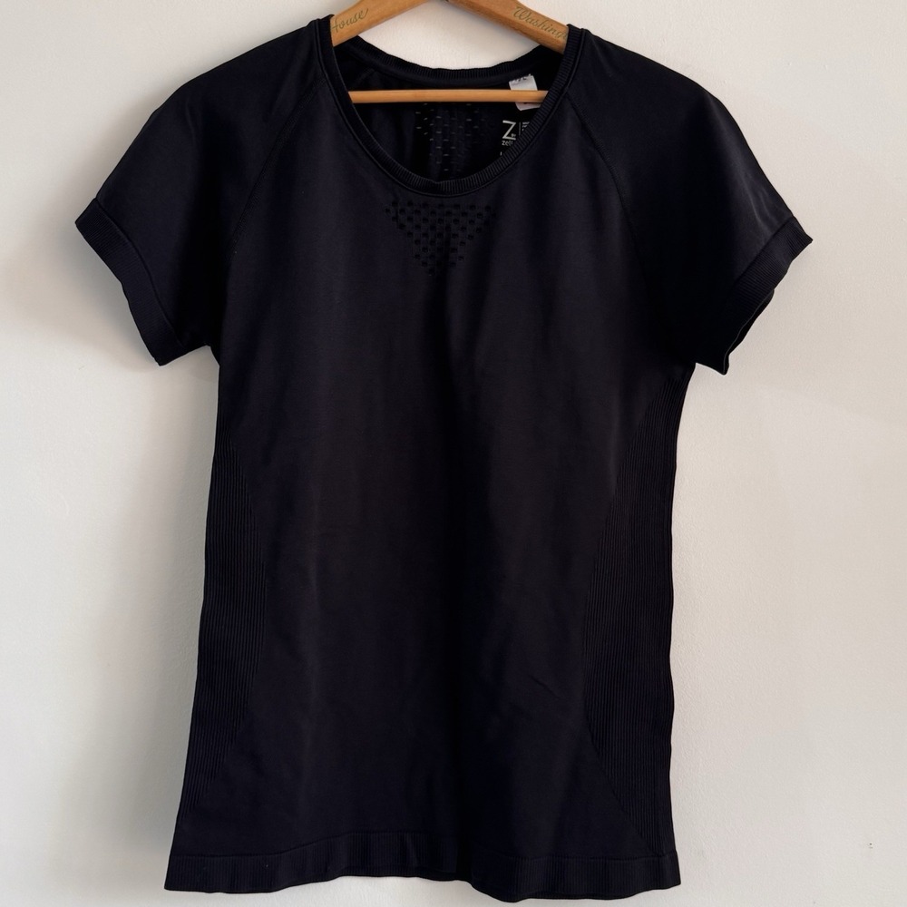 Zella Black Compression Activewear L  Shirt SS Gym Workout Running Perforated